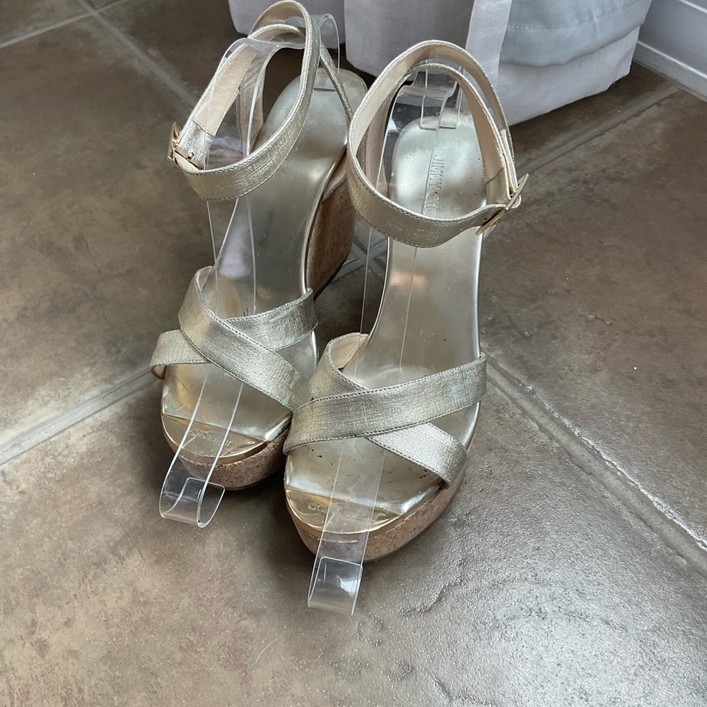 AUTHENTIC Jimmy Choo gold metallic cork wedges, size 39